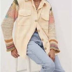 Anthropologie Pilcro Beige Corduroy Jacket with Colorful Knit Sleeves